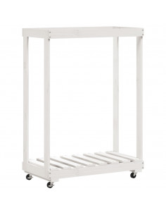 Portalegna con Ruote Bianco 76,5x40x108 cm Legno Massello Pino 2
