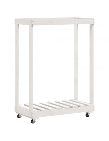 Portalegna con Ruote Bianco 76,5x40x108 cm Legno Massello Pino