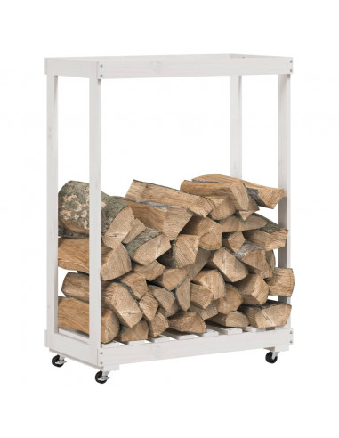 Portalegna con Ruote Bianco 76,5x40x108 cm Legno Massello Pino