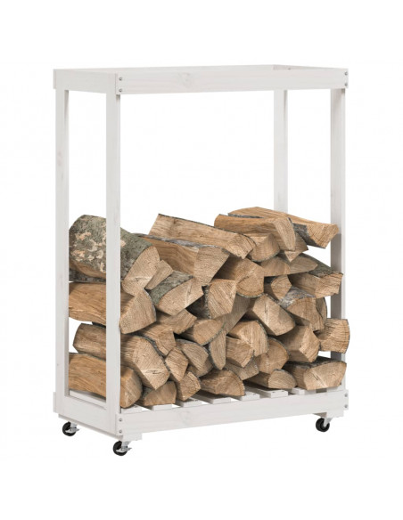 Portalegna con Ruote Bianco 76,5x40x108 cm Legno Massello Pino