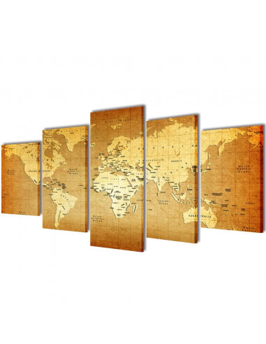Set Stampa su Tela da Muro 5 pz Mappa del Mondo 100 x 50 cm