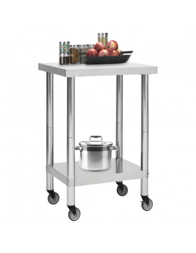 Tavolo da Lavoro Cucina con Ruote 60x60x85 cm in Acciaio Inox