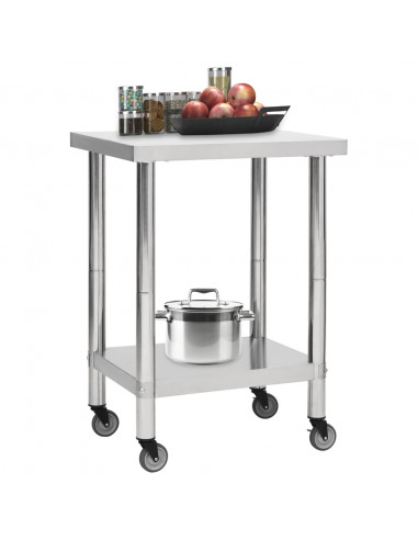 Tavolo da Lavoro Cucina con Ruote 60x30x85 cm in Acciaio Inox