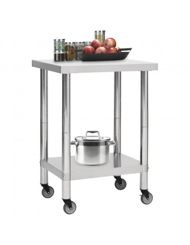 Tavolo da Lavoro Cucina con Ruote 60x45x85 cm in Acciaio Inox