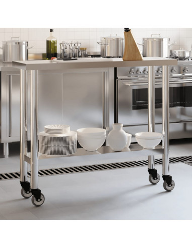 Tavolo da Lavoro Cucina con Ruote 110x30x85 cm in Acciaio Inox