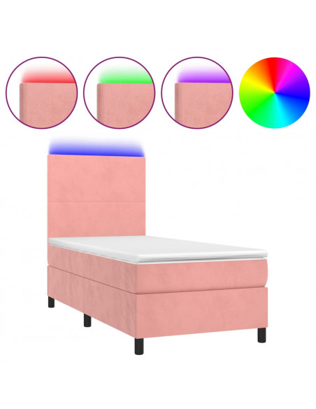 Letto a Molle con Materasso e LED Rosa 90x190 cm in Velluto