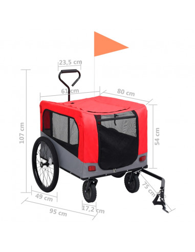 Rimorchio Bici Animali e Carrello Jogging 2 in 1 Rosso e Grigio