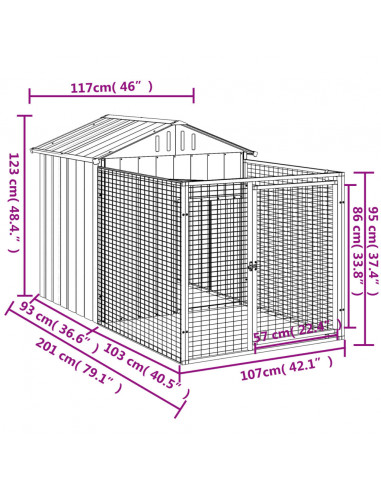 Casetta Cani con Corsa Antracite 117x201x123 cm Acciaio Zincato