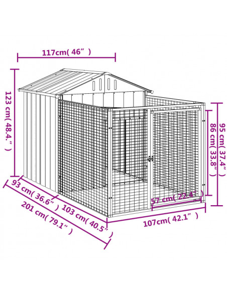 Casetta Cani con Corsa Antracite 117x201x123 cm Acciaio Zincato