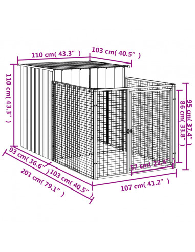 Casetta Cani con Corsa Antracite 110x201x110 cm Acciaio Zincato