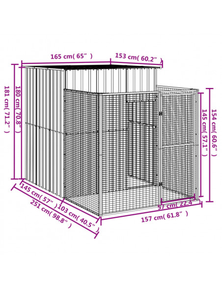 Casetta Cani con Corsa Antracite 165x251x181 cm Acciaio Zincato
