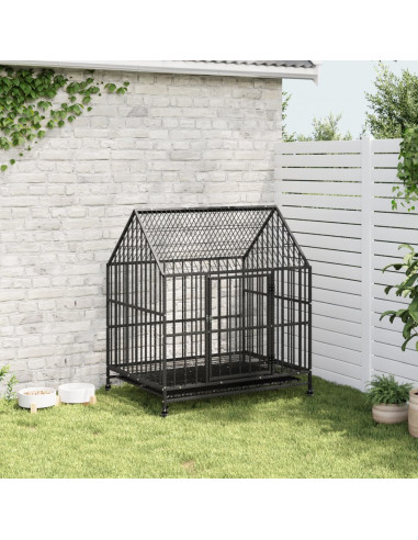 Gabbia per Cani con Ruote Nera in Acciaio Zincato