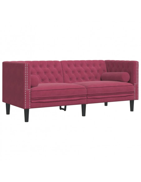 Set Divani Chesterfield 2pz con Cuscini Rosso Vino Velluto