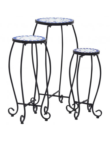 Tavolini con Mosaico 3 pz Blu e Bianco in Ceramica