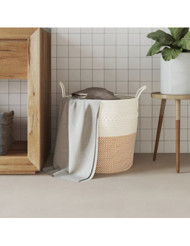 Cestino Portaoggetti Marrone e Bianco Ø43x38 cm in Cotone