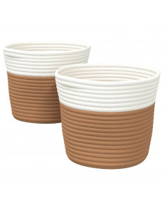Cestini Portaoggetti 2pz Marrone e Bianco Ø24x18 cm in Cotone 2