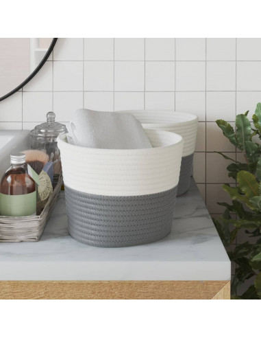 Cestini Portaoggetti 2pz Grigio e Bianco Ø24x18 cm in Cotone