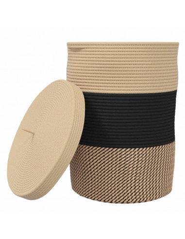 Cestino Portaoggetti con Coperchio Nero e Beige Ø37x50cm Cotone