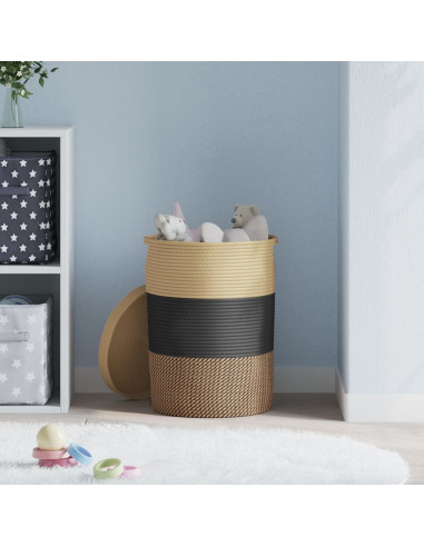 Cestino Portaoggetti con Coperchio Nero e Beige Ø37x50cm Cotone