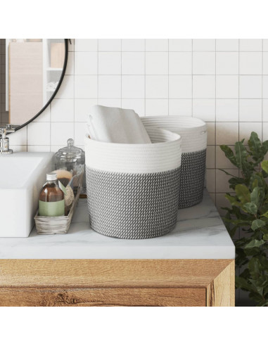 Cestini Portaoggetti 2pz Grigio e Bianco Ø28x28 cm in Cotone