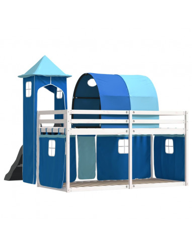 Letto a Castello con Scivolo e Tende Blu 90x190 cm