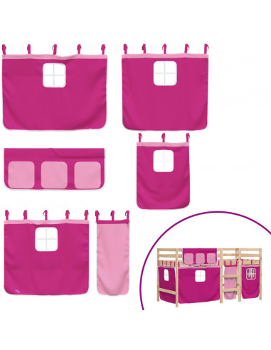 Letto a Soppalco con Tende Bambini Rosa 80x200 cm Massello Pino