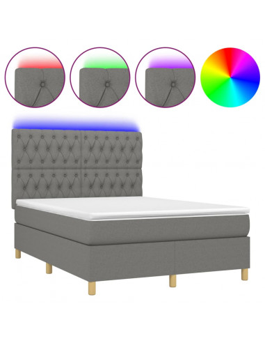 Letto a Molle Materasso e LED Grigio Scuro 140x190cm in Tessuto