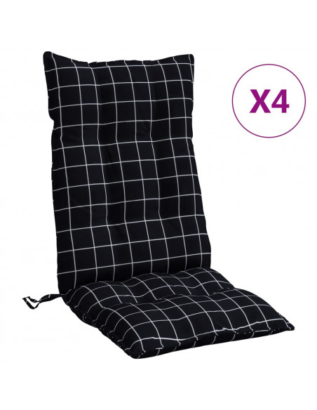 Cuscini Sedia Schienale Alto 4 pz Quadri Nero Tessuto Oxford