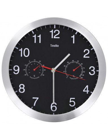 Orologio da Parete al Quarzo Igrometro Termometro 30 cm Nero