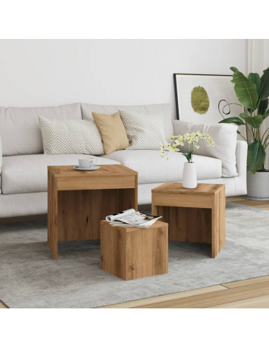 Tavolini Impilabili 3 pz Rovere Artigianale Legno Multistrato