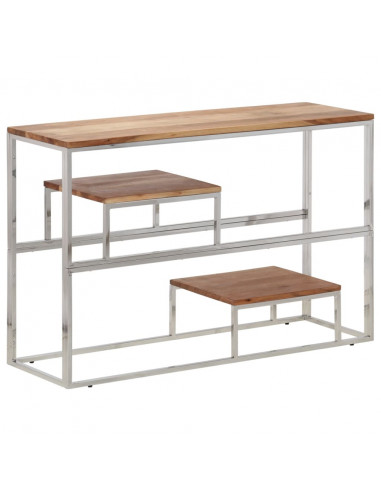 Tavolino Consolle Argento Acciaio Inox e Legno Massello Acacia