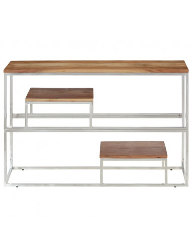 Tavolino Consolle Argento Acciaio Inox e Legno Massello Acacia