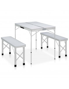 Tavolo da Campeggio Pieghevole con 2 Panche in Alluminio Bianco 2