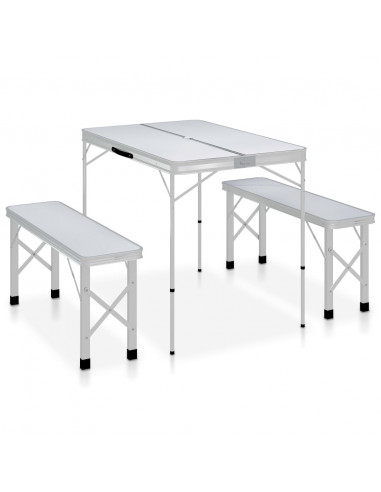 Tavolo da Campeggio Pieghevole con 2 Panche in Alluminio Bianco
