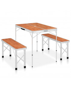 Tavolo da Campeggio Pieghevole e 2 Panche in Alluminio Marrone 2