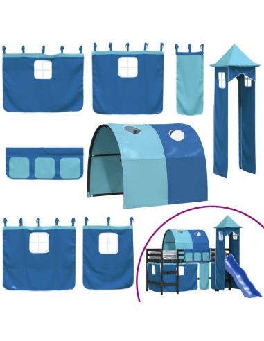 Letto a Soppalco con Torre Bambini Blu 80x200cm Massello Pino