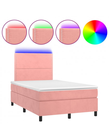 Letto a Molle con Materasso e LED Rosa 120x200 cm in Velluto