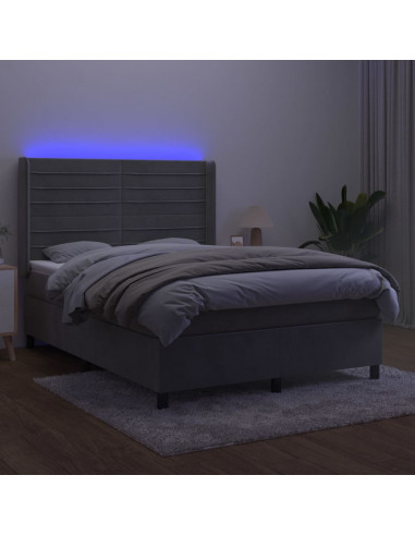 Letto a Molle Materasso e LED Grigio Chiaro 140x200 cm Velluto