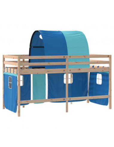 Letto a Soppalco con Tunnel Bambini Blu 90x190cm Massello Pino