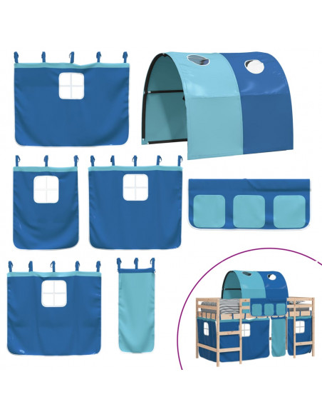 Letto a Soppalco con Tunnel Bambini Blu 90x190cm Massello Pino