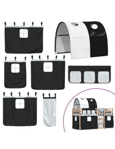 Letto a Castello con Tende Bianco e Nero 80x200cm Massello Pino