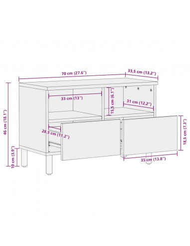 Mobile Porta TV Nero 70x33,5x46 cm Legno Massello Mango Grezzo