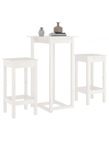Set da Bar 3 pz Bianco in Legno Massello di Pino