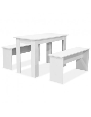 Tavolo da Pranzo e Panche 3 pz in Legno Multistrato Bianco