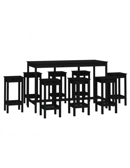 Set da Bar 9 pz Nero in Legno Massello di Pino