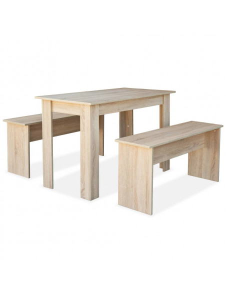 Tavolo da Pranzo e Panche 3 pz in Legno Multistrato Rovere