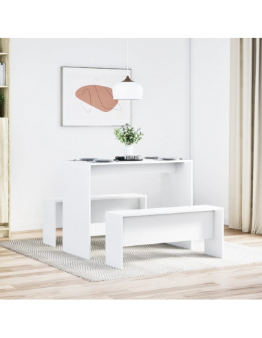 Set Tavolo da Pranzo con Panche 3 pz Bianco in Truciolato