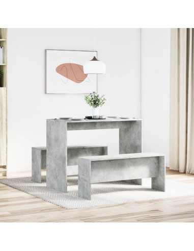 Set Tavolo da Pranzo e Panche 3 pz Grigio Cemento in Truciolato
