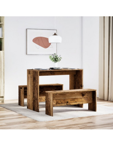 Set Tavolo da Pranzo e Panche 3 pz Legno Antico in Truciolato