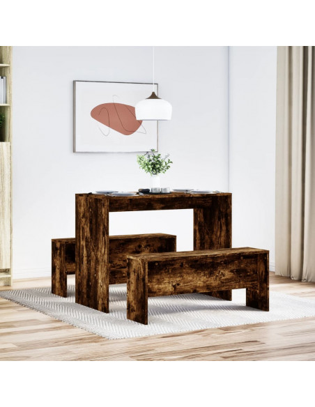 Set Tavolo da Pranzo e Panche 3 pz Rovere Fumo in Truciolato